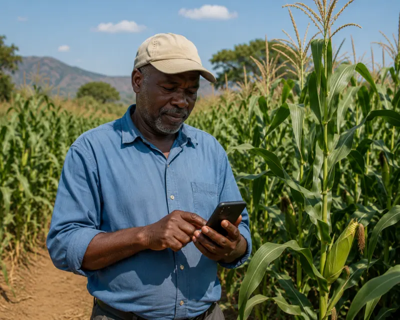 A farmer in a maize field, reading something on his phone, mountains in the distance.