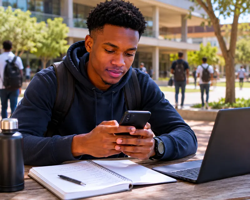 A student at a campus table with a notebook and laptop, reading his phone.